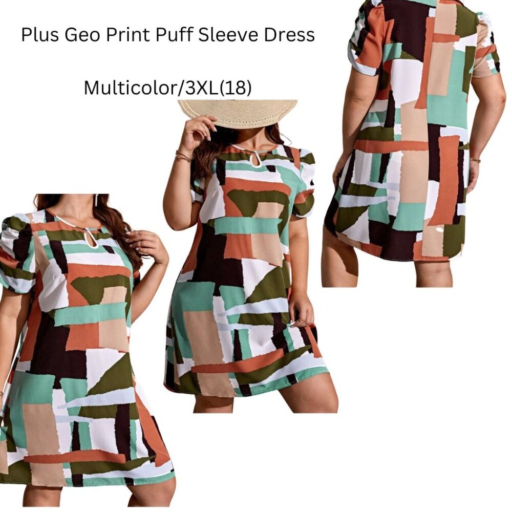 Plus Geo Print Puff Sleeve Dress  Multicolor/3XL(18)